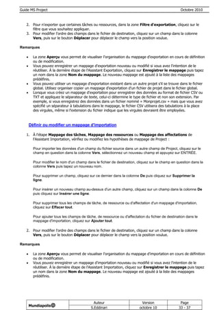 Guide MS Project                                                                                    Octobre 2010



   2. Pour n'exporter que certaines tâches ou ressources, dans la zone Filtre d'exportation, cliquez sur le
      filtre que vous souhaitez appliquer.
   3. Pour modifier l'ordre des champs dans le fichier de destination, cliquez sur un champ dans la colonne
      Vers, puis sur le bouton Déplacer pour déplacer le champ vers la position voulue.

Remarques

        La zone Aperçu vous permet de visualiser l'organisation du mappage d'exportation en cours de définition
         ou de modification.
        Vous pouvez enregistrer un mappage d'exportation nouveau ou modifié si vous avez l'intention de le
         réutiliser. À la dernière étape de l'Assistant Exportation, cliquez sur Enregistrer le mappage puis tapez
         un nom dans la zone Nom du mappage. Le nouveau mappage est ajouté à la liste des mappages
         prédéfinis.
        Vous pouvez utiliser un mappage d'exportation existant dans un autre projet s'il se trouve dans le fichier
         global. Utilisez organiser copier un mappage d'exportation d'un fichier de projet dans le fichier global.
        Lorsque vous créez un mappage d'exportation pour enregistrer des données au format de fichier CSV ou
         TXT et appliquez le séparateur de texte, celui-ci détermine le type de fichier et non son extension. Par
         exemple, si vous enregistrez des données dans un fichier nommé « Monprojet.csv » mais que vous avez
         spécifié un séparateur à tabulations dans le mappage, le fichier CSV utilisera des tabulations à la place
         des virgules, même si l'extension du fichier indique que les virgules devraient être employées.


       Définir ou modifier un mappage d'importation

   1. À l'étape Mappage des tâches, Mappage des ressources ou Mappage des affectations de
      l'Assistant Importation, vérifiez ou modifiez les hypothèses de mappage de Project :

         Pour importer les données d'un champ du fichier source dans un autre champ de Project, cliquez sur le
         champ en question dans la colonne Vers, sélectionnez un nouveau champ et appuyez sur ENTRÉE.

         Pour modifier le nom d'un champ dans le fichier de destination, cliquez sur le champ en question dans la
         colonne Vers puis tapez un nouveau nom.

         Pour supprimer un champ, cliquez sur ce dernier dans la colonne De puis cliquez sur Supprimer la
         ligne.

         Pour insérer un nouveau champ au-dessus d'un autre champ, cliquez sur un champ dans la colonne De
         puis cliquez sur Insérer une ligne.

         Pour supprimer tous les champs de tâche, de ressource ou d'affectation d'un mappage d'importation,
         cliquez sur Effacer tout.

         Pour ajouter tous les champs de tâche, de ressource ou d'affectation du fichier de destination dans le
         mappage d'importation, cliquez sur Ajouter tout.

   2. Pour modifier l'ordre des champs dans le fichier de destination, cliquez sur un champ dans la colonne
      Vers, puis sur le bouton Déplacer pour déplacer le champ vers la position voulue.

Remarques

        La zone Aperçu vous permet de visualiser l'organisation du mappage d'importation en cours de définition
         ou de modification.
        Vous pouvez enregistrer un mappage d'importation nouveau ou modifié si vous avez l'intention de le
         réutiliser. À la dernière étape de l'Assistant Importation, cliquez sur Enregistrer le mappage puis tapez
         un nom dans la zone Nom du mappage. Le nouveau mappage est ajouté à la liste des mappages
         prédéfinis.




                                              Auteur                        Version                 Page
       Mundiapolis@
                                            S.Eddinari                     octobre 10              33 - 37
 