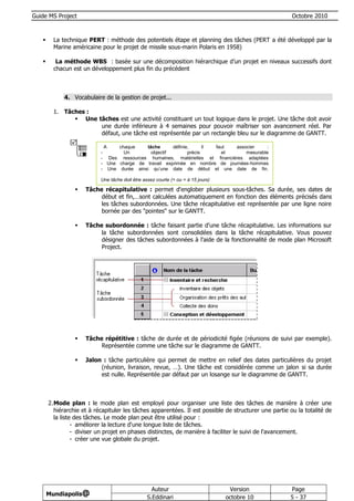 Guide MS Project                                                                                        Octobre 2010



        La technique PERT : méthode des potentiels étape et planning des tâches (PERT a été développé par la
         Marine américaine pour le projet de missile sous-marin Polaris en 1958)

         La méthode WBS : basée sur une décomposition hiérarchique d’un projet en niveaux successifs dont
         chacun est un développement plus fin du précédent



             4. Vocabulaire de la gestion de projet...

         1. Tâches :
                Une tâches est une activité constituant un tout logique dans le projet. Une tâche doit avoir
                      une durée inférieure à 4 semaines pour pouvoir maîtriser son avancement réel. Par
                      défaut, une tâche est représentée par un rectangle bleu sur le diagramme de GANTT.

                             A   chaque    tâche      définie,      il faut  associer     :
                           -       Un        objectif        précis      et      mesurable
                           - Des ressources humaines, matérielles et financières adaptées
                           - Une charge de travail exprimée en nombre de journées-hommes
                           - Une durée ainsi qu’une date de début et une date de fin.

                           Une tâche doit être assez courte (< ou = à 15 jours)

                    Tâche récapitulative : permet d'englober plusieurs sous-tâches. Sa durée, ses dates de
                          début et fin,…sont calculées automatiquement en fonction des éléments précisés dans
                          les tâches subordonnées. Une tâche récapitulative est représentée par une ligne noire
                          bornée par des "pointes" sur le GANTT.

                    Tâche subordonnée : tâche faisant partie d'une tâche récapitulative. Les informations sur
                          la tâche subordonnées sont consolidées dans la tâche récapitulative. Vous pouvez
                          désigner des tâches subordonnées à l'aide de la fonctionnalité de mode plan Microsoft
                          Project.




                    Tâche répétitive : tâche de durée et de périodicité figée (réunions de suivi par exemple).
                          Représentée comme une tâche sur le diagramme de GANTT.

                    Jalon : tâche particulière qui permet de mettre en relief des dates particulières du projet
                          (réunion, livraison, revue, …). Une tâche est considérée comme un jalon si sa durée
                          est nulle. Représentée par défaut par un losange sur le diagramme de GANTT.



       2. Mode plan : le mode plan est employé pour organiser une liste des tâches de manière à créer une
          hiérarchie et à récapituler les tâches apparentées. Il est possible de structurer une partie ou la totalité de
          la liste des tâches. Le mode plan peut être utilisé pour :
                  - améliorer la lecture d'une longue liste de tâches.
                  - diviser un projet en phases distinctes, de manière à faciliter le suivi de l'avancement.
                  - créer une vue globale du projet.




                                                   Auteur                          Version             Page
       Mundiapolis@
                                                 S.Eddinari                       octobre 10           5 - 37
 
