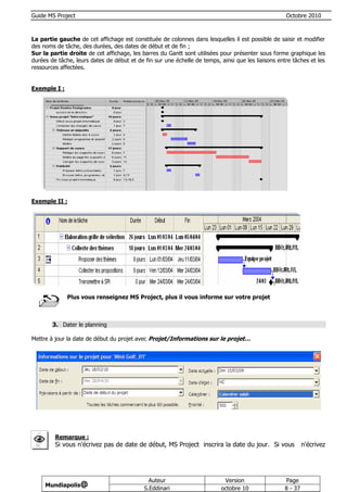 Guide MS Project                                                                                    Octobre 2010



La partie gauche de cet affichage est constituée de colonnes dans lesquelles il est possible de saisir et modifier
des noms de tâche, des durées, des dates de début et de fin ;
Sur la partie droite de cet affichage, les barres du Gantt sont utilisées pour présenter sous forme graphique les
durées de tâche, leurs dates de début et de fin sur une échelle de temps, ainsi que les liaisons entre tâches et les
ressources affectées.


Exemple I :




Exemple II :




              Plus vous renseignez MS Project, plus il vous informe sur votre projet



        3. Dater le planning

Mettre à jour la date de début du projet avec Projet/Informations sur le projet…




         Remarque :
         Si vous n'écrivez pas de date de début, MS Project inscrira la date du jour. Si vous                n'écrivez




                                              Auteur                       Version                  Page
     Mundiapolis@
                                            S.Eddinari                    octobre 10                8 - 37
 