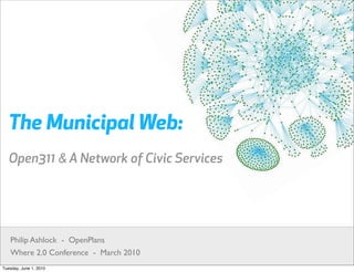 The Municipal Web:
Open311 & A Network of Civic Services




Philip Ashlock - OpenPlans
Where 2.0 Conference - March 2010
 
