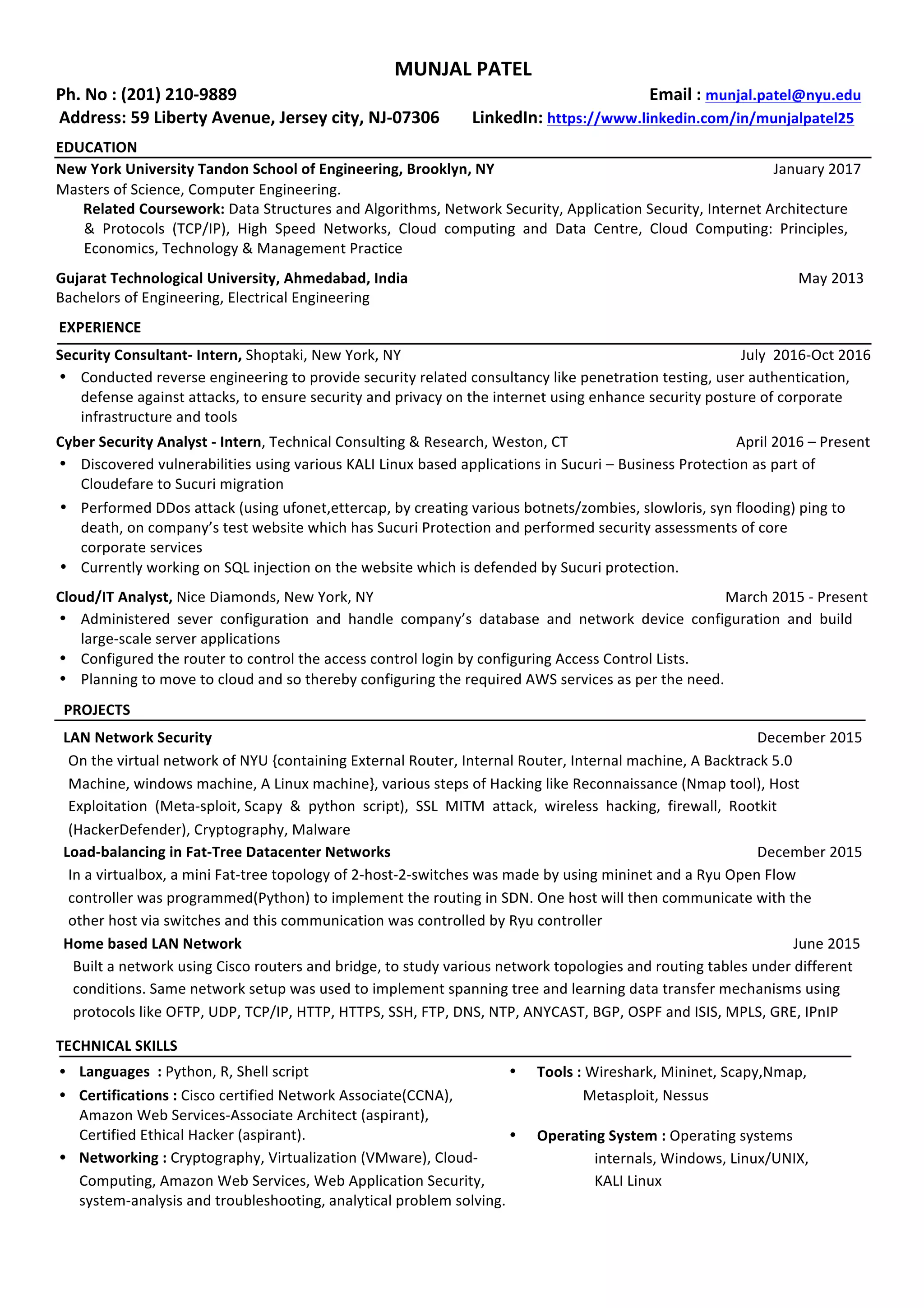 Munjal Patel NYU resume PDF - Munjal Patel NYU Resume 1 2048 