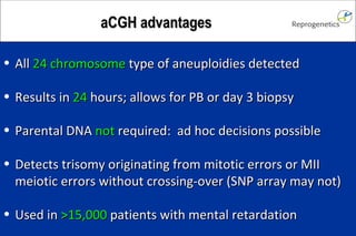 aCGH advantages All 24 chromosome type of aneuploidies detected Results in 24 hours; allows for PB or day 3 biopsy Parental DNA not required: ad hoc decisions possible Detects trisomy originating from mitotic errors or MII meiotic errors without crossing-over (SNP array may not) Used in >15,000 patients with mental retardation