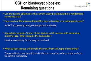 What patient groups will benefit the most from this type of screening? Young patients may benefit, particularly in countries where single embryo transfer is mandatory Can the results obtained in the current study be replicated in a randomized controlled trial? How much of the observed benefit is due to transfer in a subsequent cycle? An RCT is currently being contemplated in the UK Aneuploidy explains ‘some’ of the decline in IVF success with advancing maternal age. What explains the remainder? Uterine receptivity factor may be involved CGH on blastocyst biopsies: Remaining questions