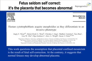 FFeettuuss sseellddoomm sseellff ccoorrrreecctt:: 
iitt’’ss tthhee ppllaacceennttaa tthhaatt bbeeccoommeess aabbnnoorrmmaall 
This work questions the assumption that placental confined mosaicism 
is the result of fetal self-correction. At the contrary, it suggests that 
normal fetuses may develop abnormal placenta. 
 