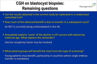 CCGGHH oonn bbllaassttooccyysstt bbiiooppssiieess:: 
RReemmaaiinniinngg qquueessttiioonnss 
• CCaann tthhee rreessuullttss oobbttaaiinneedd iinn tthhee ccuurrrreenntt ssttuuddyy bbee rreepplliiccaatteedd iinn aa rraannddoommiizzeedd 
ccoonnttrroolllleedd ttrriiaall?? 
• HHooww mmuucchh ooff tthhee oobbsseerrvveedd bbeenneeffiitt iiss dduuee ttoo ttrraannssffeerr iinn aa ssuubbsseeqquueenntt ccyyccllee?? 
AAnn RRCCTT iiss ccuurrrreennttllyy bbeeiinngg ccoonntteemmppllaatteedd iinn tthhee UUKK 
• AAnneeuuppllooiiddyy eexxppllaaiinnss ‘‘ssoommee’’ ooff tthhee ddeecclliinnee iinn IIVVFF ssuucccceessss wwiitthh aaddvvaanncciinngg 
mmaatteerrnnaall aaggee.. WWhhaatt eexxppllaaiinnss tthhee rreemmaaiinnddeerr?? 
UUtteerriinnee rreecceeppttiivviittyy ffaaccttoorr mmaayy bbee iinnvvoollvveedd 
• What patient groups will benefit tthhee mmoosstt ffrroomm tthhiiss ttyyppee ooff ssccrreeeenniinngg?? 
YYoouunngg ppaattiieennttss mmaayy bbeenneeffiitt,, ppaarrttiiccuullaarrllyy iinn ccoouunnttrriieess wwhheerree ssiinnggllee eemmbbrryyoo 
ttrraannssffeerr iiss mmaannddaattoorryy 
 