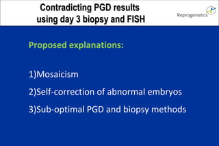 CCoonnttrraaddiiccttiinngg PPGGDD rreessuullttss 
uussiinngg ddaayy 33 bbiiooppssyy aanndd FFIISSHH 
Proposed explanations: 
1)Mosaicism 
2)Self-correction of abnormal embryos 
3)Sub-optimal PGD and biopsy methods 
 