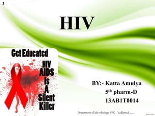 HIV
BY:- Katta Amulya
5th pharm-D
13AB1T0014
Department of Microbiology VPC - Vadlamudi…….
1
 