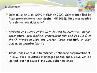 1. Description 
Debt must be ¯ to 124% of GDP by 2020. Greece modified its 
fiscal program more than SSppaaiinn (IMF 2012). Time was needed 
for reforms and debt relief 
• Mexican and Greek crises were caused by excessive –public-expenditure, 
over-lending, underpriced risk and peg (to $ or 
the €). Mexico in 1994 and Greece –Spain and IIttaallyy- in 2007 
possessed unstable finance 
• Those crises were due to reduced confidence and investment. 
In developed countries mortgages as the speculative vehicle 
ignited -but not caused- the 2007 subprime crisis 
 