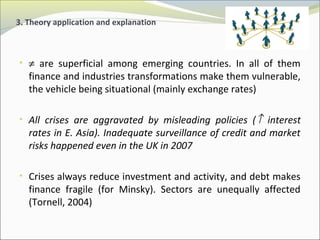 3. Theory application and explanation 
• ¹ are superficial among emerging countries. In all of them 
finance and industries transformations make them vulnerable, 
the vehicle being situational (mainly exchange rates) 
• All crises are aggravated by misleading policies (­ interest 
rates in E. Asia). Inadequate surveillance of credit and market 
risks happened even in the UK in 2007 
• Crises always reduce investment and activity, and debt makes 
finance fragile (for Minsky). Sectors are unequally affected 
(Tornell, 2004) 
 