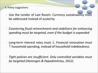 4. Policy suggestions 
• Use the Lender of Last Resort. Currency sustainability must 
be addressed instead of austerity 
• Countering fiscal retrenchment and stabilizers for enhancing 
spending must be targeted, even if the budget is expanded 
• Long-term interest rates must ¯. Financial innovation must 
­ household spending, instead of household indebtedness 
• Tight policies are insufficient. Only controlled variables must 
be targeted (Hannsgen & Papadimitriou, 2012) 
 