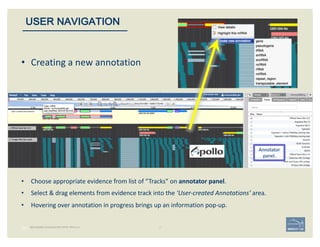 28 | BECOMING ACQUAINTED WITH APOLLO
USER NAVIGATION
Annotator	
panel.
• Choose	appropriate	evidence	from	list	of	“Tracks”...
