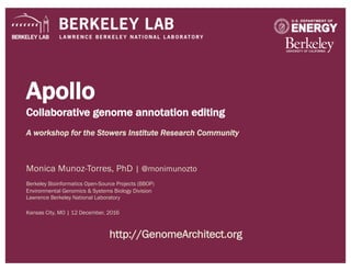Apollo
Collaborative genome annotation editing
A workshop for the Stowers Institute Research Community
Monica Munoz-Torres, PhD | @monimunozto
Berkeley Bioinformatics Open-Source Projects (BBOP)
Environmental Genomics & Systems Biology Division
Lawrence Berkeley National Laboratory
Kansas City, MO | 12 December, 2016
http://GenomeArchitect.org
 
