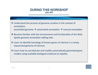 4
DURING THIS WORKSHOP 
you will 
v Understand	
  the	
  process	
  of	
  genome	
  curaBon	
  in	
  the	
  context	
  of...