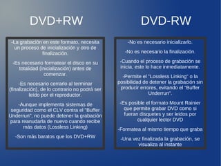 DVD+RW                                          DVD-RW
 -La grabación en este formato, necesita           -No es necesario inicializarlo.
   un proceso de inicialización y otro de
               finalización.                      -No es necesario la finalización.

 -Es necesario formatear el disco en su         -Cuando el proceso de grabación se
    totalidad (inicialización) antes de         inicia, este lo hace inmediatamente.
                 comenzar.                       -Permite el "Lossless Linking" o la
     -Es necesario cerrarlo al terminar        posibilidad de detener la grabación sin
(finalización), de lo contrario no podrá ser    producir errores, evitando el "Buffer
          leído por el reproductor.                          Underrun".

    -Aunque implementa sistemas de             -Es posible el formato Mount Rainier
 seguridad como el CLV contra el "Buffer         que permite grabar DVD como si
Underrun", no puede detener la grabación         fueran disquetes y ser leidos por
para reanudarla de nuevo cuando recibe                 cualquier lector DVD
      más datos (Lossless Linking)             -Formatea al mismo tiempo que graba
  -Son más baratos que los DVD+RW               -Una vez finalizada la grabación, se
                                                       visualiza al instante
 
