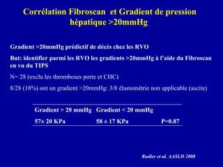 Gradient >20mmHg prédictif de décès chez les RVO But: identifier parmi les RVO les gradients >20mmHg à l’aide du Fibroscan en vu du TIPS N= 28 (exclu les thromboses porte et CHC) 8/28 (18%) ont un gradient >20mmHg: 3/8 élastométrie non applicable (ascite) Corrélation Fibroscan  et Gradient de pression hépatique >20mmHg  Rudler et al. AASLD 2008 Gradient > 20 mmHg Gradient < 20 mmHg 57± 20 KPa 58 ± 17 KPa P=0.87 