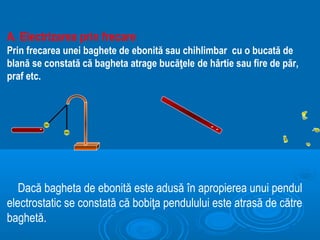 A. Electrizarea prin frecare
Prin frecarea unei baghete de ebonită sau chihlimbar cu o bucată de
blană se constată că bagheta atrage bucăţele de hârtie sau fire de păr,
praf etc.



       -                                         --




   Dacă bagheta de ebonită este adusă în apropierea unui pendul
electrostatic se constată că bobiţa pendulului este atrasă de către
baghetă.
 