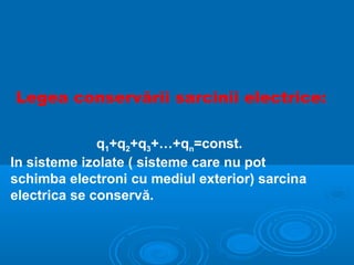Legea conservării sarcinii electrice:

              q1+q2+q3+…+qn=const.
In sisteme izolate ( sisteme care nu pot
schimba electroni cu mediul exterior) sarcina
electrica se conservă.
 