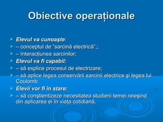 Obiective operaţionale

   Elevul va cunoaşte:
   – conceptul de “sarcină electrică”,;
   – Interacţiunea sarcinilor;
   Elevul va fi capabil:
   – să explice procesul de electrizare;
   – să aplice legea conservării sarcinii electrice şi legea lui
    Coulomb.
   Elevii vor fi în stare:
   – să conştientizeze necesitatea studierii temei reieşind
    din aplicarea ei în viaţa cotidiană.
 