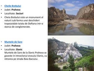 • Cheile Brebului
• Judet: Prahova
• Localitate: Seciuri
• Cheia Brebului este un monument al
naturii sub forma unei deschideri
trapezoidale taiata de Doftana intr-o
stanca de conglomerate.
• Muntele de Sare
• Judet: Prahova
• Localitate: Slanic
Muntele de Sare de la Slanic Prahova se
gaseste in intravilanul orasului Slanic, cu
intrarea pe strada Baia Baciului.
 