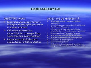 FIXAREA OBIECTIVELOR



OBIECTIVE CADRU                        OBIECTIVE DE REFEREIN??
                                           S? ?n?eleag? no?iunle : munte,parc na?ional,
? Exersarea unor comportamente         ?
                                           ecoexpedi?ie
  ecologice de protejare ?i ocrotire   ?   S? ecologizezeo zon? montan? din Parcul Na?ional
  a zonelor montane                        Mun?ii Rodnei- Maramure?
                                       ?   S? observe ?i s? experimenteze influen?a
? Cultivarea interesului ?i                principalilor factori de mediu asupra organismelor
  curiozit??ii de a cunoa?te flora,    ?   S? sesizeze flora ?i fauna specifice zonei
                                           S? se orienteze dup? marcaje ?i indicatoare
  fauna specifice zoneo montane        ?
                                       ?   S? noteze cele observate ?n jurnalul personal
? Dezvoltarea abilit??ilor de a        ?   S? se achite de sarcinile primite
  realiza lucr?ri artistico-plastice   ?   S? se orienteze pe hart?
                                       ?   S? deseneze, s? realizeze colaje ?i machete cu
                                           peisajele montane str?b?tute ?n cadrul expedi?iei
 