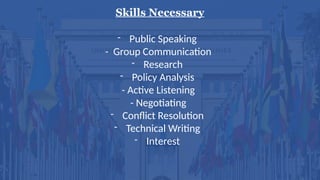Skills Necessary
- Public Speaking
- Group Communication
- Research
- Policy Analysis
- Active Listening
- Negotiating
- Conflict Resolution
- Technical Writing
- Interest
 