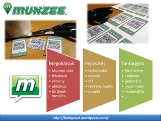http://komposzt.wordpress.com/
Megoldások
• Munzee-séta
• feladatok
• verseny
• útikalauz
• történet-
mesélés
Fejlesztés
• tájékozódás
• kutatás
• IKT
• rejtvény, logika
• projekt
Tantárgyak
• történelem
• irodalom
• tudomány
• idegennyelv
• matematika
• …
 