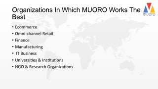 Organizations In Which MUORO Works The
Best
•  Ecommerce	
  
•  Omni-­‐channel	
  Retail	
  	
  
•  Finance	
  
•  Manufacturing	
  	
  
•  	
  IT	
  Business	
  
•  Universi@es	
  &	
  Ins@tu@ons	
  	
  
•  NGO	
  &	
  Research	
  Organiza@ons	
  	
  
 