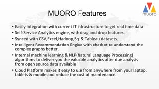 MUORO Features
•  Easily	
  integra@on	
  with	
  current	
  IT	
  infrastructure	
  to	
  get	
  real	
  @me	
  data	
  	
  
•  Self-­‐Service	
  Analy@cs	
  engine,	
  with	
  drag	
  and	
  drop	
  features.	
  
•  Synced	
  with	
  CSV,Excel,Hadoop,Sql	
  &	
  Tableau	
  datasets.	
  
•  Intelligent	
  Recommenda@on	
  Engine	
  with	
  chatbot	
  to	
  understand	
  the	
  
complex	
  graphs	
  be2er.	
  	
  
•  Internal	
  machine	
  learning	
  &	
  NLP(Natural	
  Language	
  Processing)	
  
algorithms	
  to	
  deliver	
  you	
  the	
  valuable	
  analy@cs	
  aSer	
  due	
  analysis	
  
from	
  open	
  source	
  data	
  available	
  
•  Cloud	
  PlaTorm	
  makes	
  it	
  easy	
  to	
  use	
  from	
  anywhere	
  from	
  your	
  laptop,	
  
tablets	
  &	
  mobile	
  and	
  reduce	
  the	
  cost	
  of	
  maintenance.	
  	
  	
  	
  	
  
 