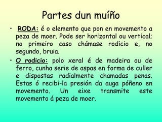 Partes dun muíño
• RODA: é o elemento que pon en movemento a
peza de moer. Pode ser horizontal ou vertical;
no primeiro caso chámase rodicio e, no
segundo, bruia.
• O rodicio: polo xeral é de madeira ou de
ferro, cunha serie de aspas en forma de culler
e dispostas radialmente chamadas penas.
Estas ó recibi-la presión da auga póñeno en
movemento. Un eixe transmite este
movemento á peza de moer.
 