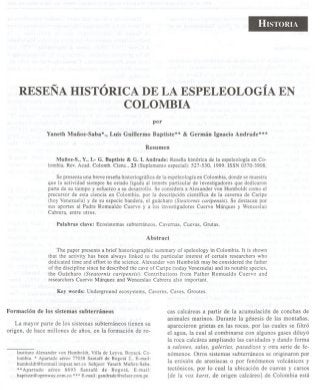 Muñoz-Saba Y., L.G. Baptiste, G.I. Andrade. 1999. Reseña Histórica de la Espeleología en Colombia