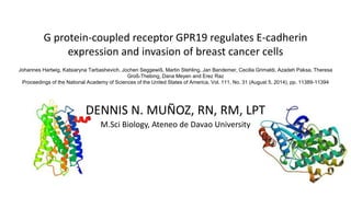 G protein-coupled receptor GPR19 regulates E-cadherin
expression and invasion of breast cancer cells
DENNIS N. MUÑOZ, RN, RM, LPT
M.Sci Biology, Ateneo de Davao University
Johannes Hartwig, Katsiaryna Tarbashevich, Jochen Seggewiß, Martin Stehling, Jan Bandemer, Cecilia Grimaldi, Azadeh Paksa, Theresa
Groß-Thebing, Dana Meyen and Erez Raz
Proceedings of the National Academy of Sciences of the United States of America, Vol. 111, No. 31 (August 5, 2014), pp. 11389-11394
 