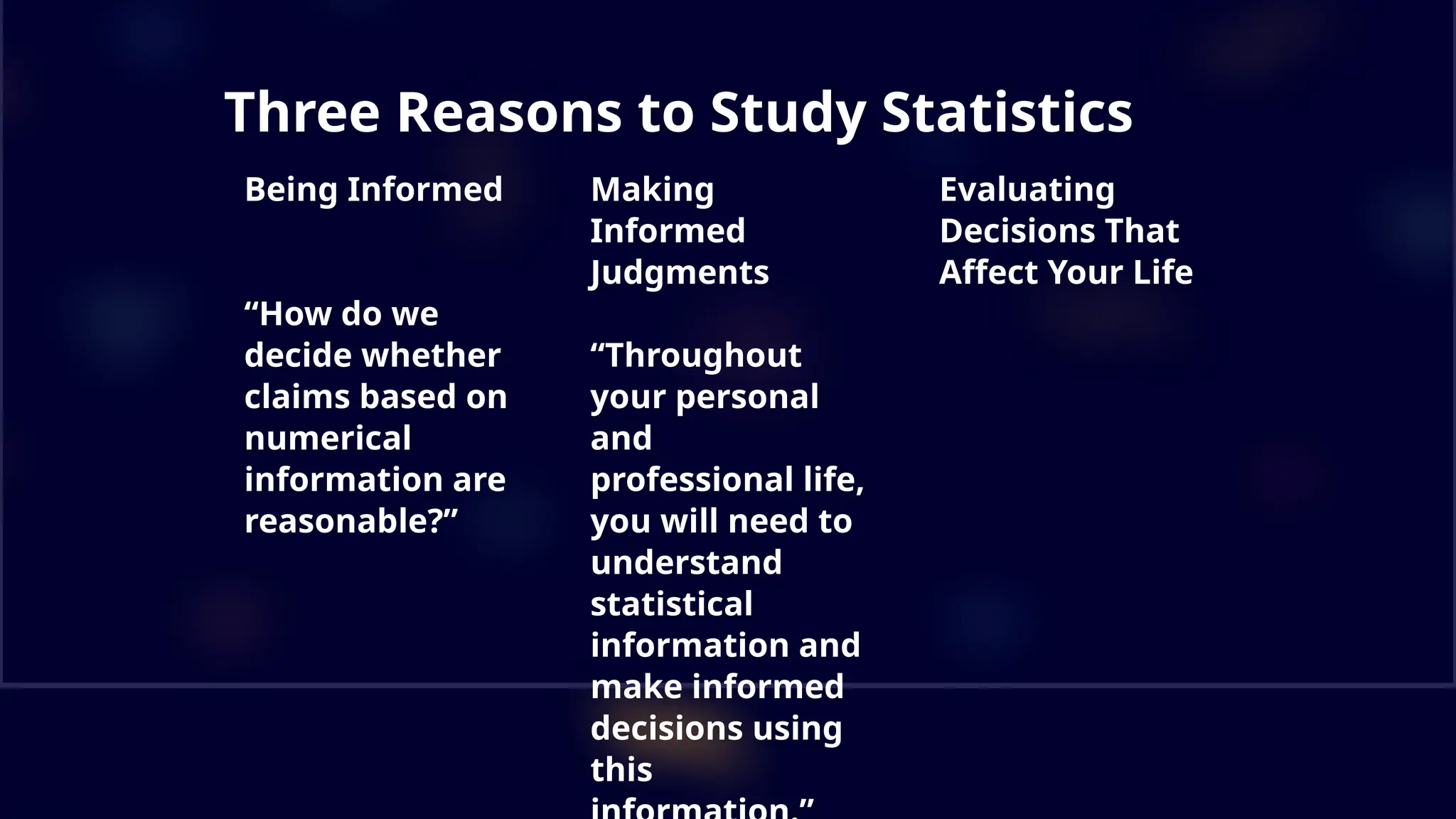 Three Reasons to Study Statistics
Being Informed
“How do we
decide whether
claims based on
numerical
information are
reasonable?”
Making
Informed
Judgments
“Throughout
your personal
and
professional life,
you will need to
understand
statistical
information and
make informed
decisions using
this
Evaluating
Decisions That
Affect Your Life
 