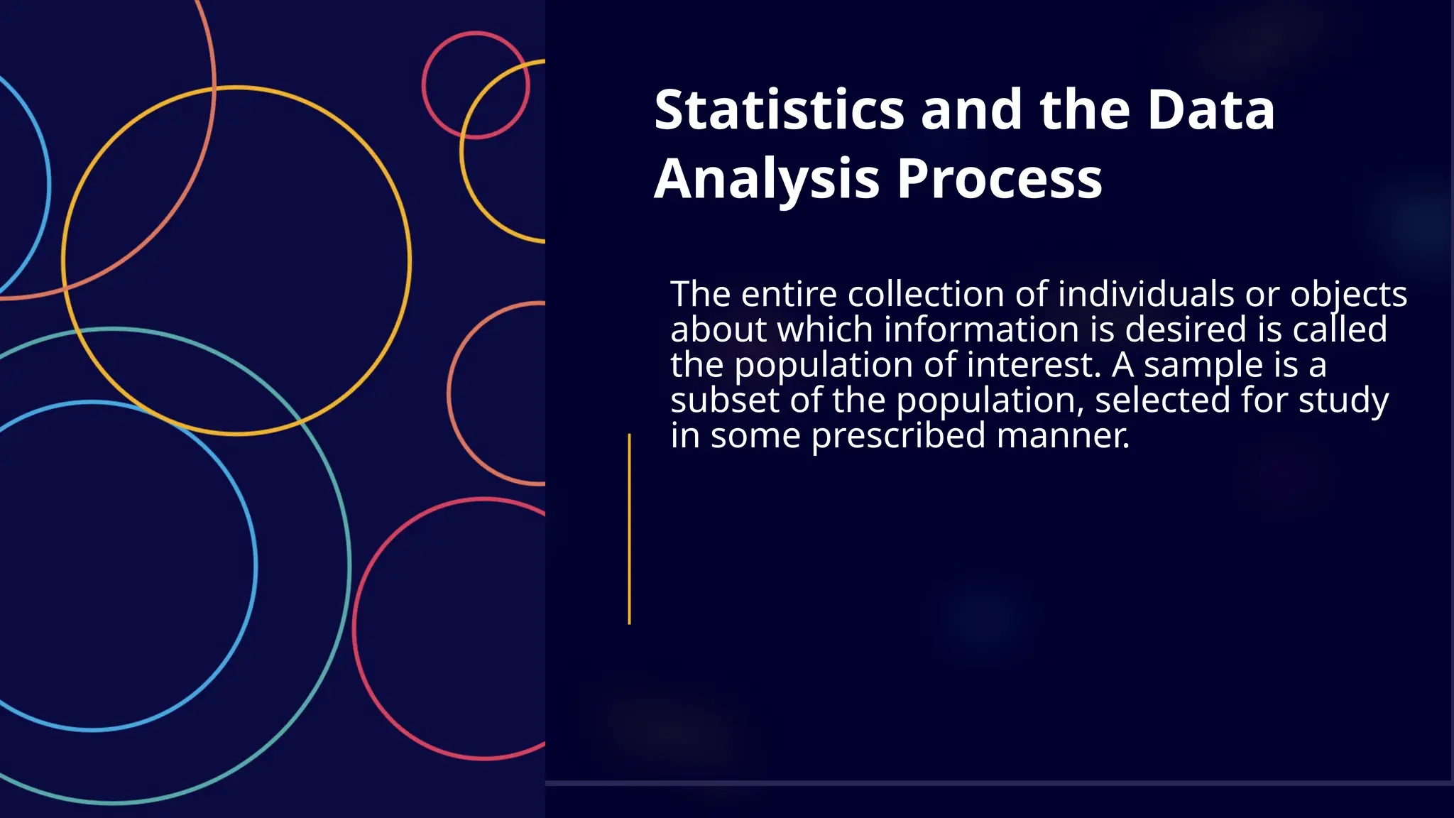 Statistics and the Data
Analysis Process
The entire collection of individuals or objects
about which information is desired is called
the population of interest. A sample is a
subset of the population, selected for study
in some prescribed manner.
 