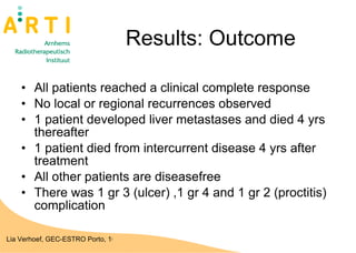 Results: Outcome  All patients reached a clinical complete response No local or regional recurrences observed 1 patient developed liver metastases and died 4 yrs thereafter 1 patient died from intercurrent disease 4 yrs after treatment All other patients are diseasefree There was 1 gr 3 (ulcer) ,1 gr 4 and 1 gr 2 (proctitis) complication 
