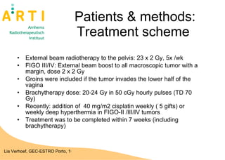 Patients & methods: Treatment scheme  External beam radiotherapy to the pelvis: 23 x 2 Gy, 5x /wk FIGO III/IV: External beam boost to all macroscopic tumor with a margin, dose 2 x 2 Gy Groins were included if the tumor invades the lower half of the vagina Brachytherapy dose: 20-24 Gy in 50 cGy hourly pulses (TD 70 Gy) Recently: addition of  40 mg/m2 cisplatin weekly ( 5 gifts) or  weekly deep hyperthermia in FIGO-II /III/IV tumors Treatment was to be completed within 7 weeks (including brachytherapy) 