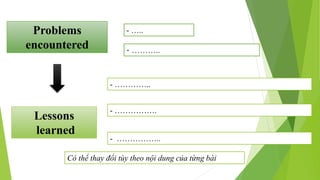 Problems
encountered
- …..
- ………..
Lessons
learned
- …………..
- …………….
- ……………..
Có thể thay đổi tùy theo nội dung của từng bài
 