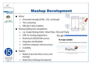 Mashup Development
                         Ad hoc
                              Generated manually (HTML, CSS, JavaScript)
                              Time consuming
                              Difficulty in data mediation
                         Mashup building tools and platforms
                              e.g. Google Mashup Editor, Yahoo! Pipes, Microsoft Popfly
                              GME for mashup programmers
                              Restricted to RSS/ATOM services
                              Integration and Mediation
                              Limited to company’s internal services
                              Scalability
                         Solution
                              Models to describe Web services and
Lehrstuhl Informatik 5        mashups
(Informationssysteme)
   Prof. Dr. M. Jarke
    I5-MAC-12
                              Model-Driven Mashup Development
 