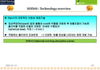  Elan사의 대표적인 서방성 제제기술
 입상백당(Nonparel) 같은 불활성 core에 약물을 코팅한 후 방출조절이 가능한
폴리머를 적절한 비율로 코팅한 미세한 구형입자
(spherical bead, 직경 1∼2 mm )
 적용하는 폴리머의 조성변경 -> 다양한 방출 양상을 나타내는 제제 개발 가능
SODAS (Spheroid oral drug absorption system)
SODAS : Technology overview
2023-07-10 121
 