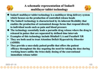  Sodas® multilayer tablet technology is a multilayer drug delivery system
which focuses on the production of controlled release beads
 The Sodas® technology is characterized by its inherent flexibility that
enables the production of customized dosage forms that respond directly
to individual needs such as pain and blood pressure
 The technology essentially leads a pursatile drug release where the drug is
released in pulses that are separated by defined time intervals
 Examples of this technology include Ritalin® LA and Focalin® XR
 They are both used to treat Attention Deficit Hyperativity Disorder
(ADHD)
 They provide a once-daily pulsed profile that offers the patient
efficacy throughout the day negating the need for taking the dose during
working hours unlike the twice-daily dosing of the conventional
immediate release tablet
A schematic representation of Sodas®
multilayer tablet technology
2023-07-10 122
 