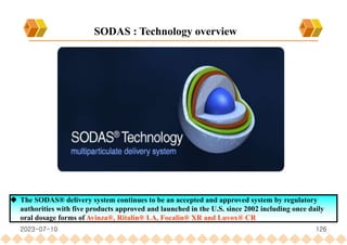 SODAS : Technology overview
 The SODAS® delivery system continues to be an accepted and approved system by regulatory
authorities with five products approved and launched in the U.S. since 2002 including once daily
oral dosage forms of Avinza®, Ritalin® LA, Focalin® XR and Luvox® CR
2023-07-10 126
 