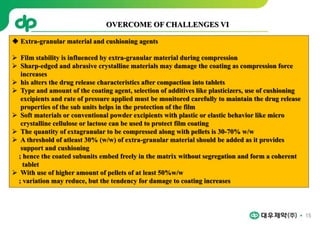 15
 Extra-granular material and cushioning agents
 Film stability is influenced by extra-granular material during compression
 Sharp-edged and abrasive crystalline materials may damage the coating as compression force
increases
 his alters the drug release characteristics after compaction into tablets
 Type and amount of the coating agent, selection of additives like plasticizers, use of cushioning
excipients and rate of pressure applied must be monitored carefully to maintain the drug release
properties of the sub units helps in the protection of the film
 Soft materials or conventional powder excipients with plastic or elastic behavior like micro
crystalline cellulose or lactose can be used to protect film coating
 The quantity of extagranular to be compressed along with pellets is 30-70% w/w
 A threshold of atleast 30% (w/w) of extra-granular material should be added as it provides
support and cushioning
; hence the coated subunits embed freely in the matrix without segregation and form a coherent
tablet
 With use of higher amount of pellets of at least 50%w/w
; variation may reduce, but the tendency for damage to coating increases
OVERCOME OF CHALLENGES VI
 