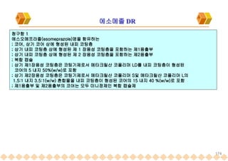 174
에소메졸 DR
청구항 1
에스오메프라졸(esomeprazole)염을 함유하는
; 코어, 상기 코어 상에 형성된 내피 코팅층
; 상기 내피 코팅층 상에 형성된 제 1 장용성 코팅층을 포함하는 제1용출부
; 상기 내피 코팅층 상에 형성된 제 2 장용성 코팅층을 포함하는 제2용출부
; 복합 캡슐
; 상기 제1장용성 코팅층은 코팅기제로서 메타크릴산 코폴리머 LD를 내피 코팅층이 형성된
코어의 5 내지 50%(w/w)로 포함
; 상기 제2장용성 코팅층은 코팅기제로서 메타크릴산 코폴리머 S및 메타크릴산 코폴리머 L의
1.5:1 내지 3.5:1(w/w) 혼합물을 내피 코팅층이 형성된 코어의 15 내지 40 %(w/w)로 포함
; 제1용출부 및 제2용출부의 코어는 모두 미니정제인 복합 캡슐제
 