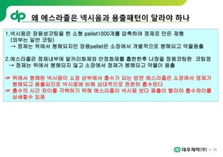 왜 에스라졸은 넥시움과 용출패턴이 달라야 하나
76
1.넥시움은 장용성코팅을 한 소형 pellet1000개를 압축하여 정제로 만든 제형
(외부는 일반 코팅)
→ 정제는 위에서 붕해되지만 장용pellet은 소장에서 개별적으로 붕해되고 약물용출
2.에스라졸은 정제내부에 알카리화제와 안정화제를 홉한한후 나정을 장용코팅한 코팅정
→ 정제는 위에서 붕해되지 않고 소장에서 정제가 붕해되고 약물이 용출
☞ 위에서 붕해된 넥시움이 소장 상부에서 흡수가 되는 방면 에스라졸은 소장에서 정제가
붕해되고 용출되므로 넥시움에 비해 상대적으로 천천히 흡수된다
☞ 흡수의 시간 차이를 극복하기 위해 에스라졸이 넥시움 보다 용출이 빨라야 흡수차이를
상쇄할수 있음
 