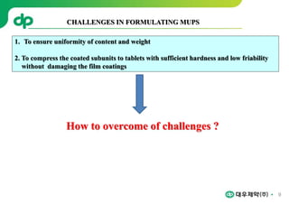 9
1. To ensure uniformity of content and weight
2. To compress the coated subunits to tablets with sufficient hardness and low friability
without damaging the film coatings
CHALLENGES IN FORMULATING MUPS
How to overcome of challenges ?
 