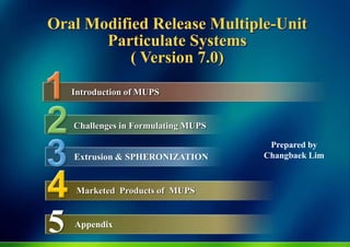 Oral Modified Release Multiple-Unit
Particulate Systems
( Version 7.0)
Introduction of MUPS
Challenges in Formulating MUPS
Marketed Products of MUPS
Extrusion & SPHERONIZATION
5 Appendix
Prepared by
Changbaek Lim
 