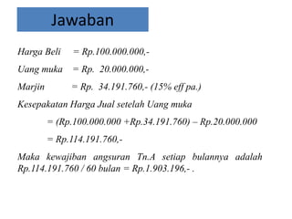 Jawaban
Harga Beli = Rp.100.000.000,-
Uang muka = Rp. 20.000.000,-
Marjin = Rp. 34.191.760,- (15% eff pa.)
Kesepakatan Harga Jual setelah Uang muka
= (Rp.100.000.000 +Rp.34.191.760) – Rp.20.000.000
= Rp.114.191.760,-
Maka kewajiban angsuran Tn.A setiap bulannya adalah
Rp.114.191.760 / 60 bulan = Rp.1.903.196,- .
 