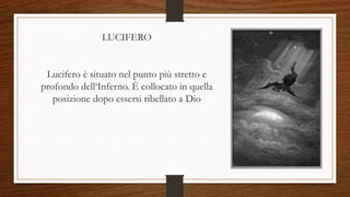 LUCIFERO
Lucifero è situato nel punto più stretto e
profondo dell‘Inferno. È collocato in quella
posizione dopo essersi ribellato a Dio
 