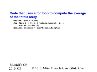 Murach’s C#
2010, C8 © 2010, Mike Murach & Associates, Inc.Slide 10
Code that uses a for loop to compute the average
of the totals array
decimal sum = 0.0m;
for (int i = 0; i < totals.Length; i++)
sum += totals[i];
decimal average = sum/totals.Length;
 