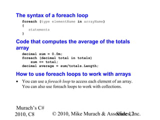 Murach’s C#
2010, C8 © 2010, Mike Murach & Associates, Inc.Slide 12
The syntax of a foreach loop
foreach (type elementName in arrayName)
{
statements
}
Code that computes the average of the totals
array
decimal sum = 0.0m;
foreach (decimal total in totals)
sum += total;
decimal average = sum/totals.Length;
How to use foreach loops to work with arrays
• You can use a foreach loop to access each element of an array.
You can also use foreach loops to work with collections.
 