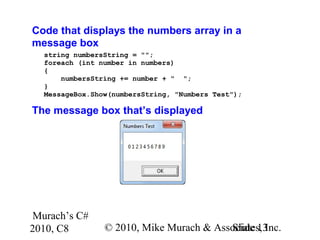 Murach’s C#
2010, C8 © 2010, Mike Murach & Associates, Inc.Slide 13
Code that displays the numbers array in a
message box
string numbersString = "";
foreach (int number in numbers)
{
numbersString += number + " ";
}
MessageBox.Show(numbersString, "Numbers Test");
The message box that’s displayed
 